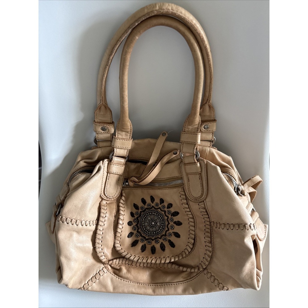 Lockheart Beige Leather Beaded Shoulder Bag  Lockheart Handbag Stained